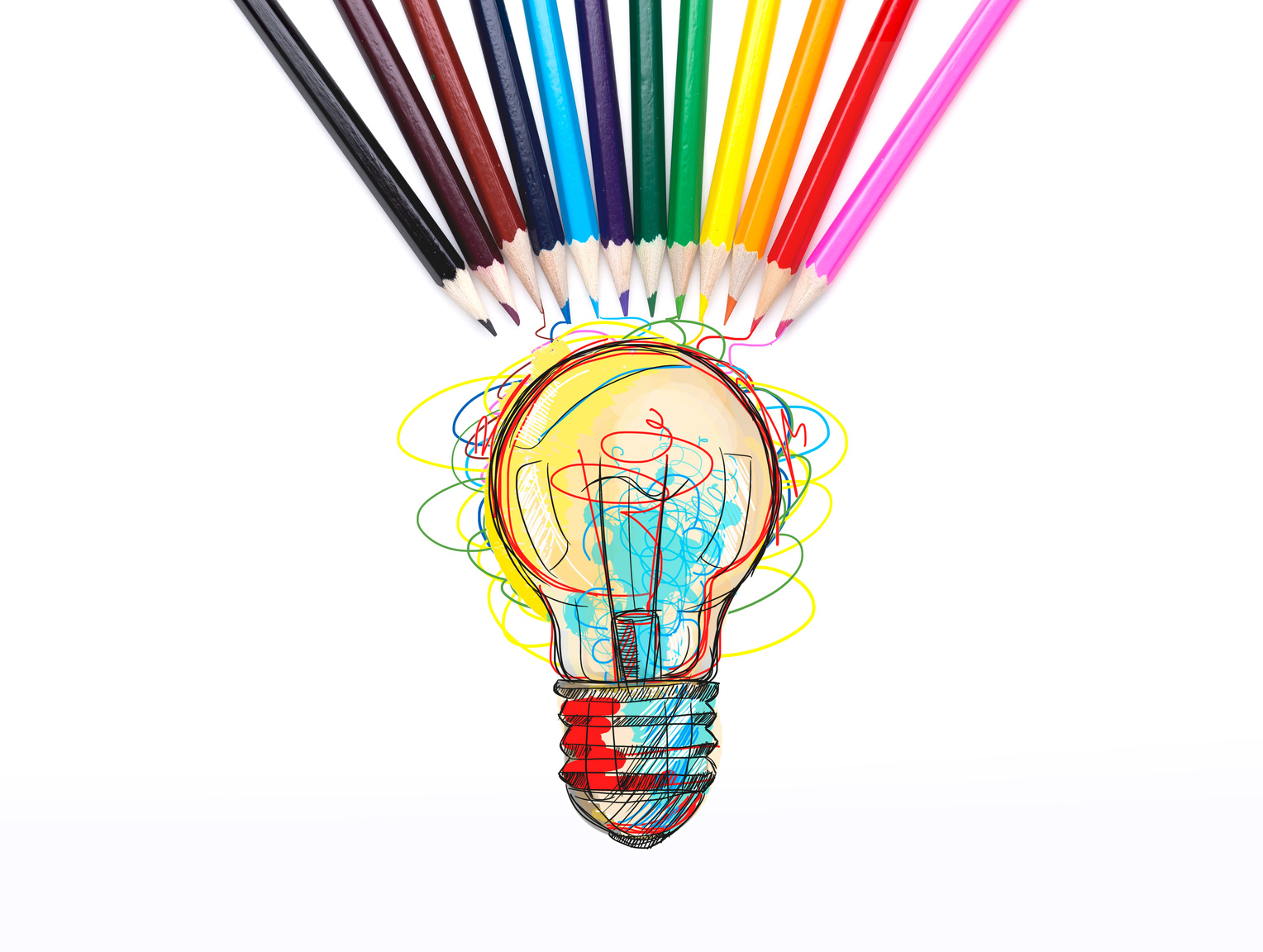 Colorful light bulb, pencils, idea concept